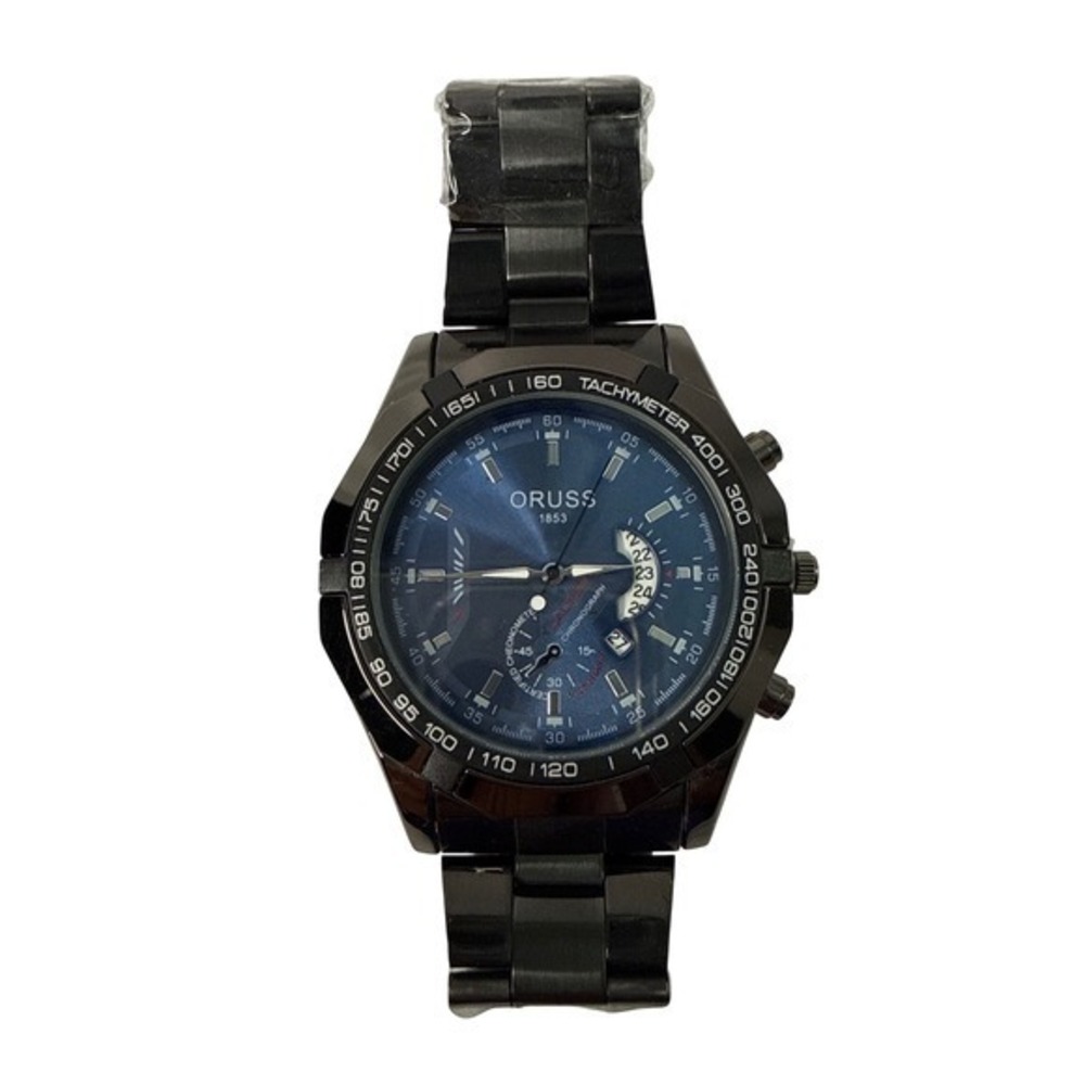 Oruss 1853 Mens Chronograph Watch Blue Dial Gunmetal Black Link Bracelet New